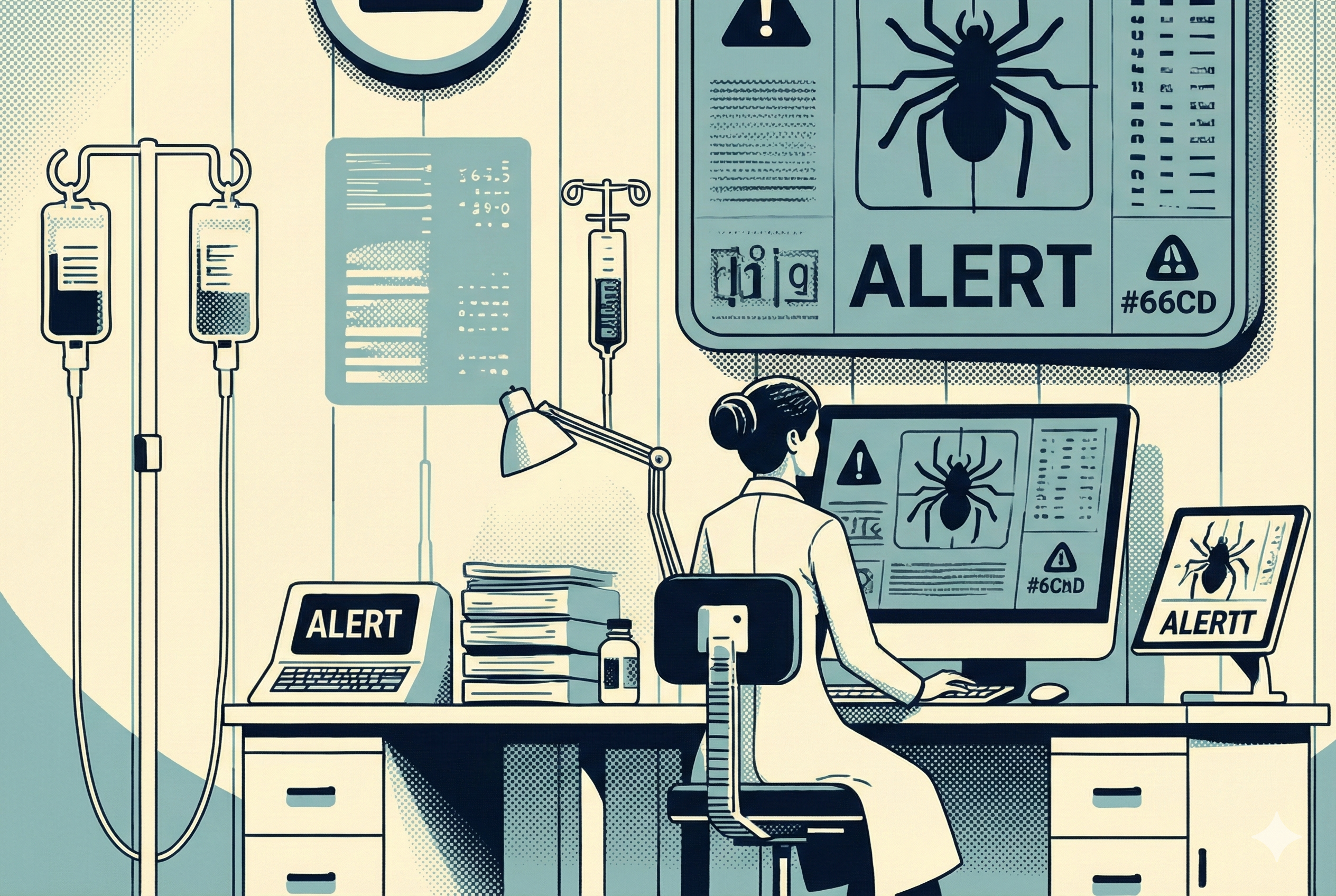 Illustrazione che rappresenta gli attacchi cyber nel settore sanitario: escalation delle minacce informatiche e contromisure per la cybersecurity