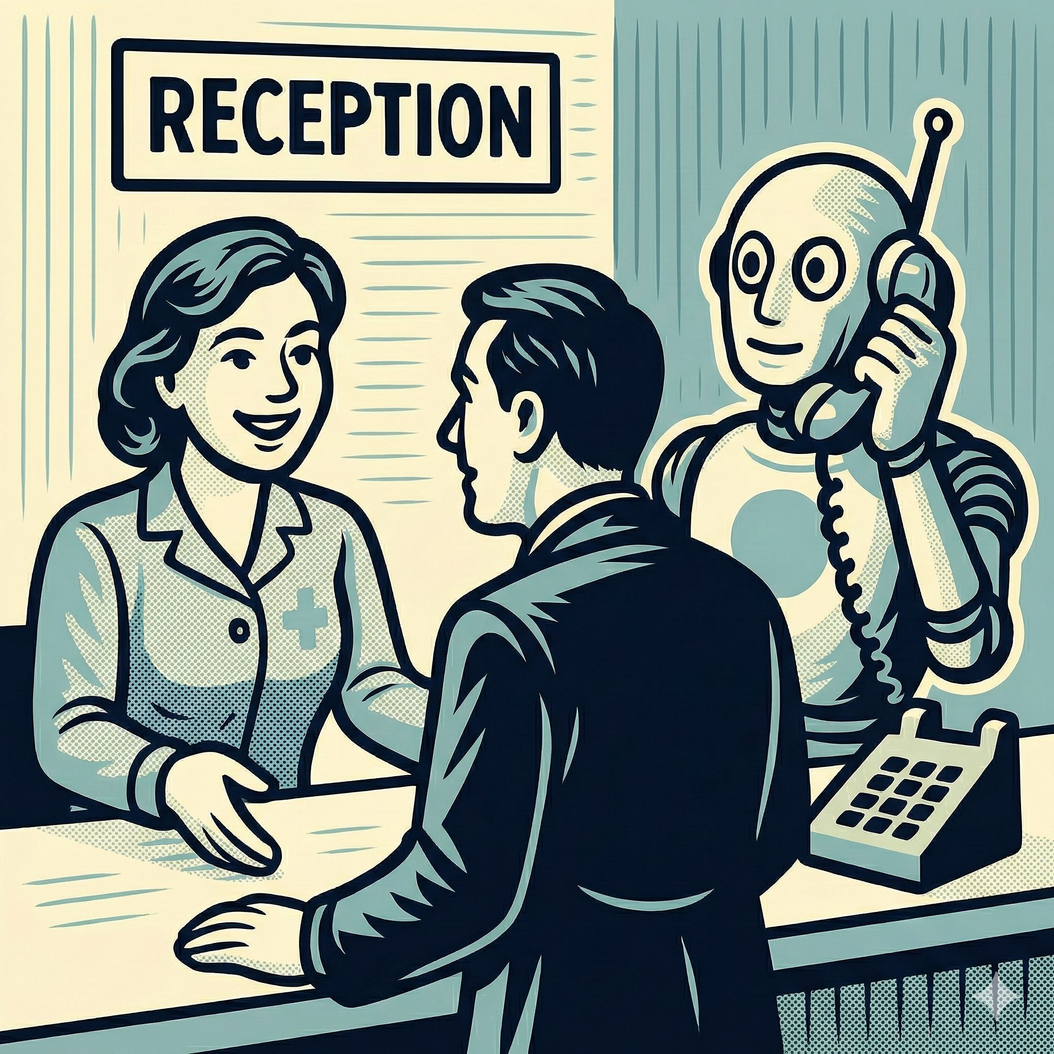 Illustrazione che mostra la collaborazione tra segretaria sanitaria e assistente AI in una reception medica: l'AI gestisce le chiamate mentre l'operatore umano si dedica all'accoglienza dei pazienti