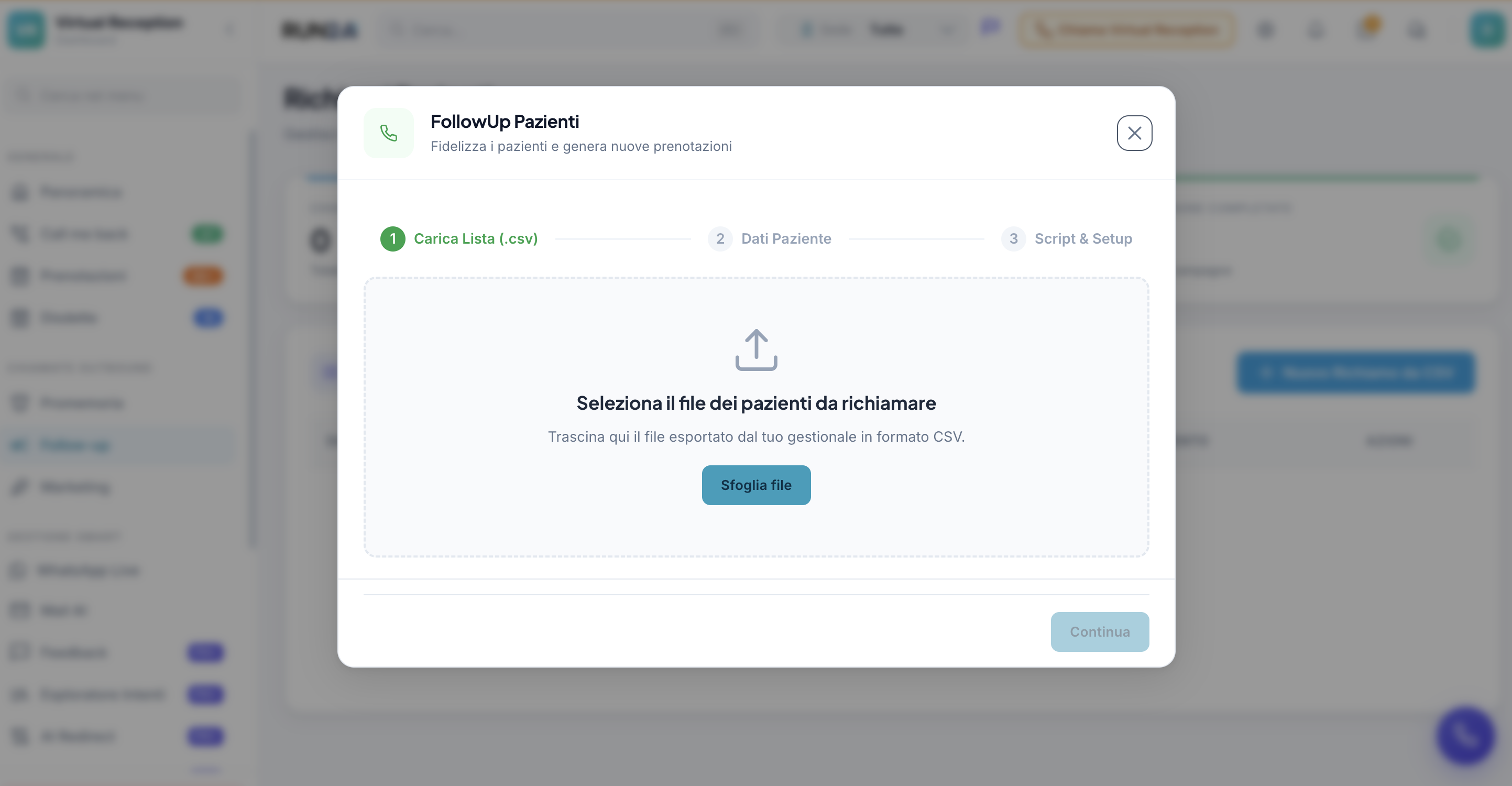 Virtual Reception outbound: FollowUp Patients modal to upload a CSV list of patients to call back