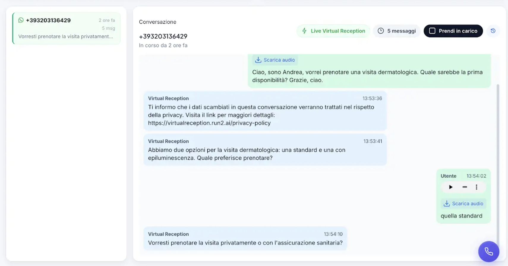 Panel de control en vivo de Virtual Reception en WhatsApp